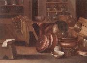 unknow artist A Kitchen still life of utensils and fruit in a basket,shelves with wine caskets beyond china oil painting artist